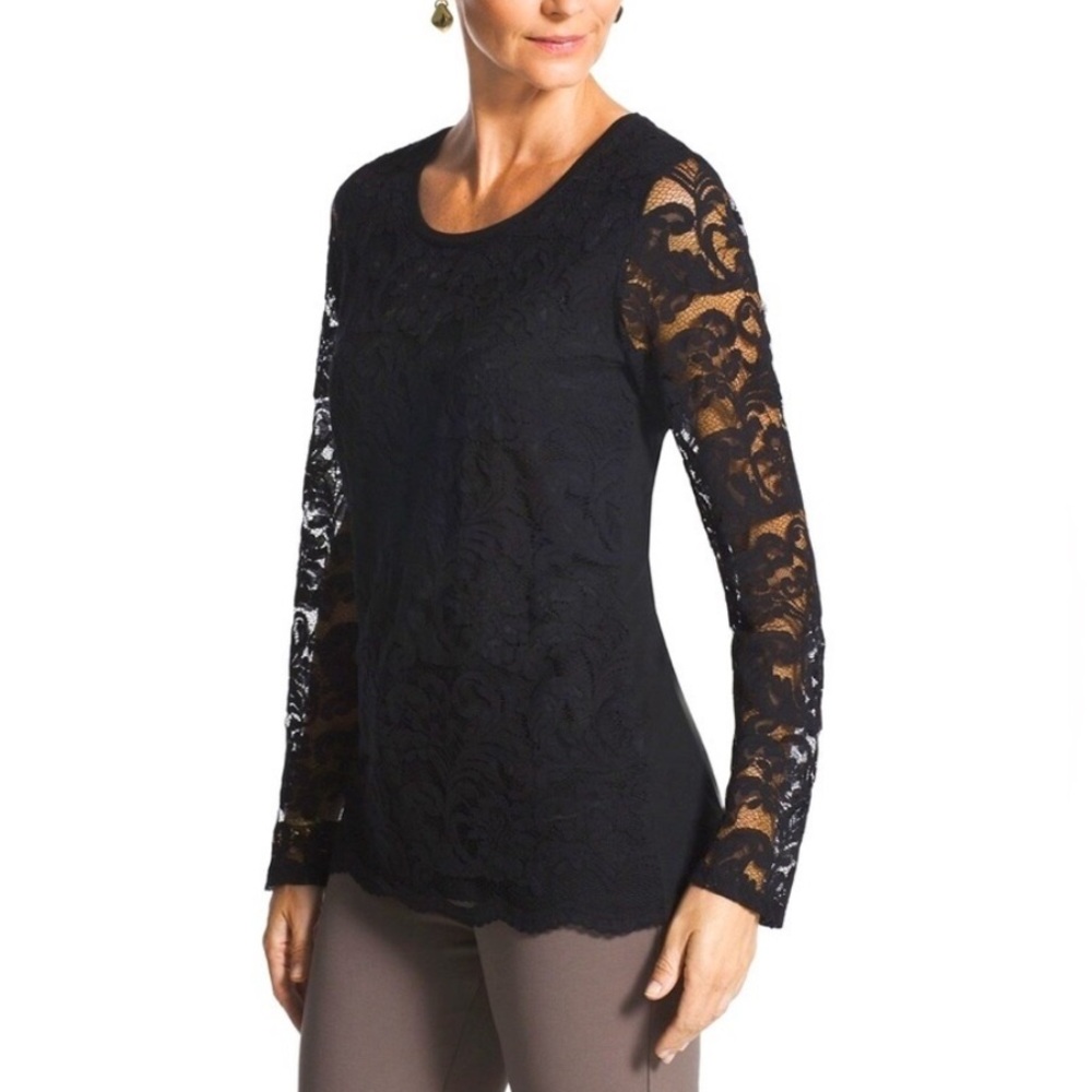 NWT Chico’s Lely Lace Long Sleeve Blouse Top size 2 Black Scoop Neck